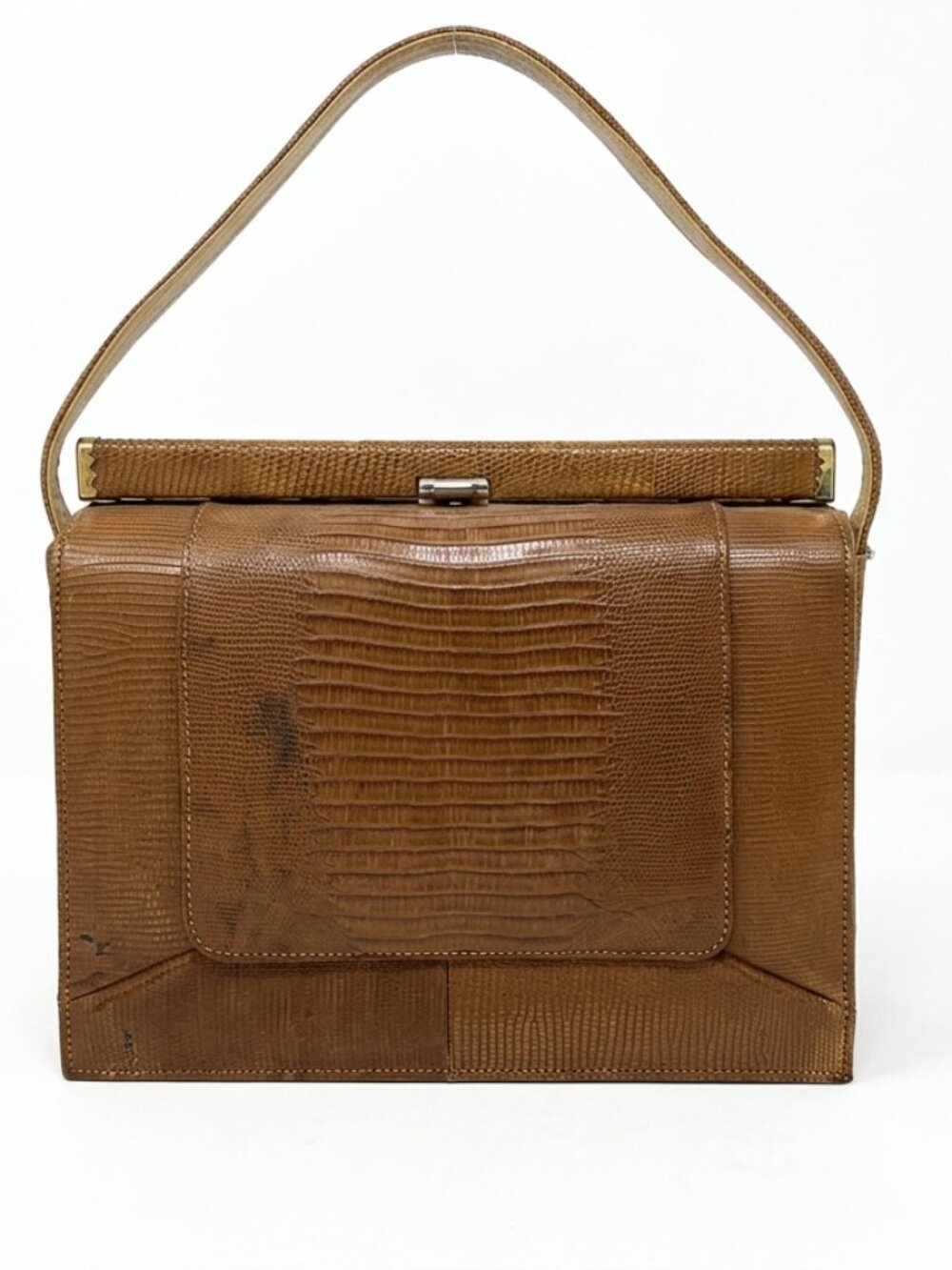 Vintage 1950s Cognac Genuine Lizard Leather Top Handle Frame Bag
